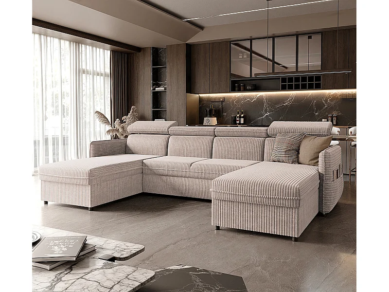 Canapé d'angle Beni U convertible en tissu Beige