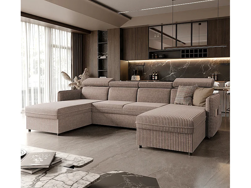 Canapé d'angle Beni U convertible en tissu Marron clair