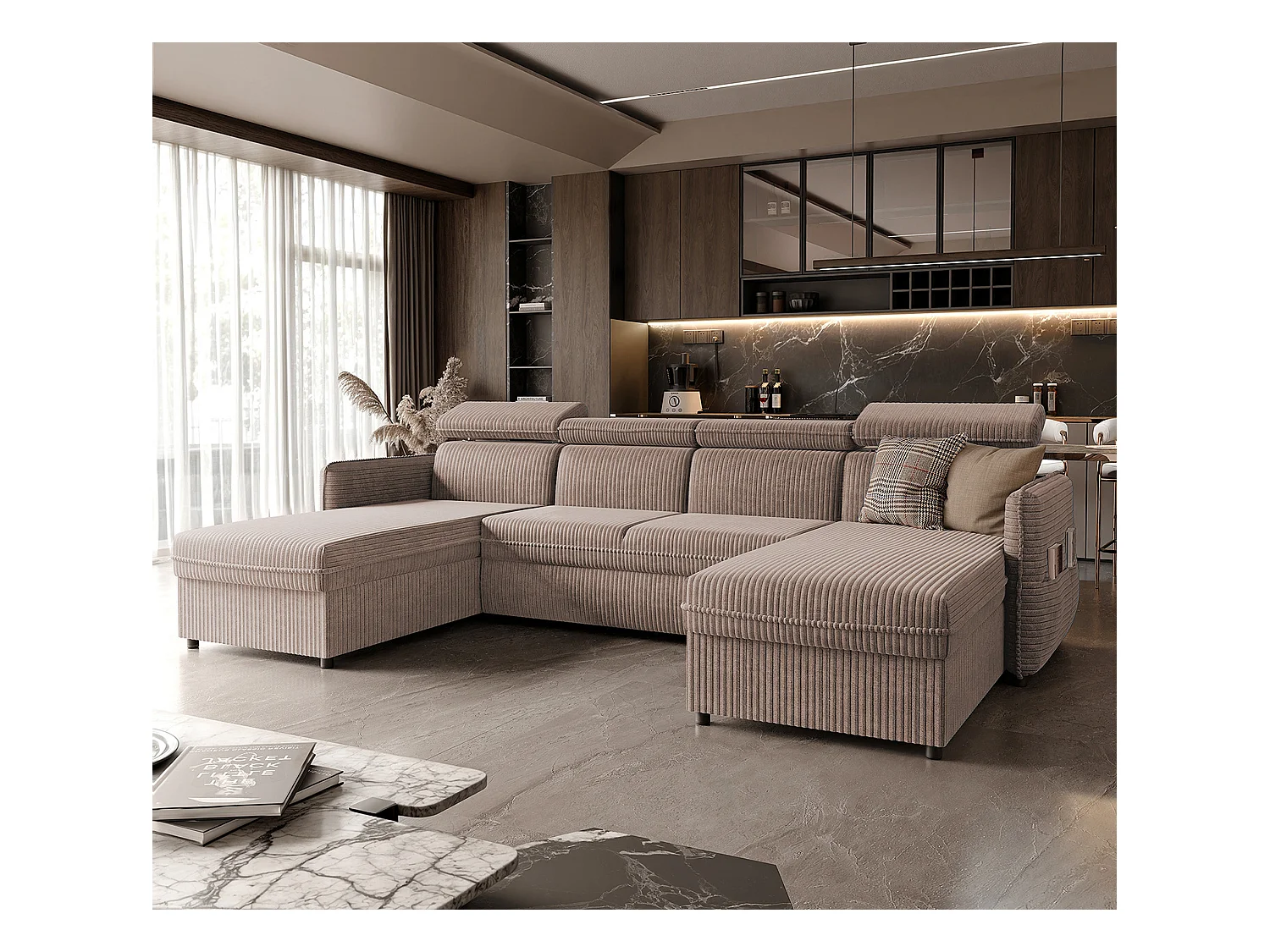 Canapé d'angle Beni U convertible en tissu Marron clair