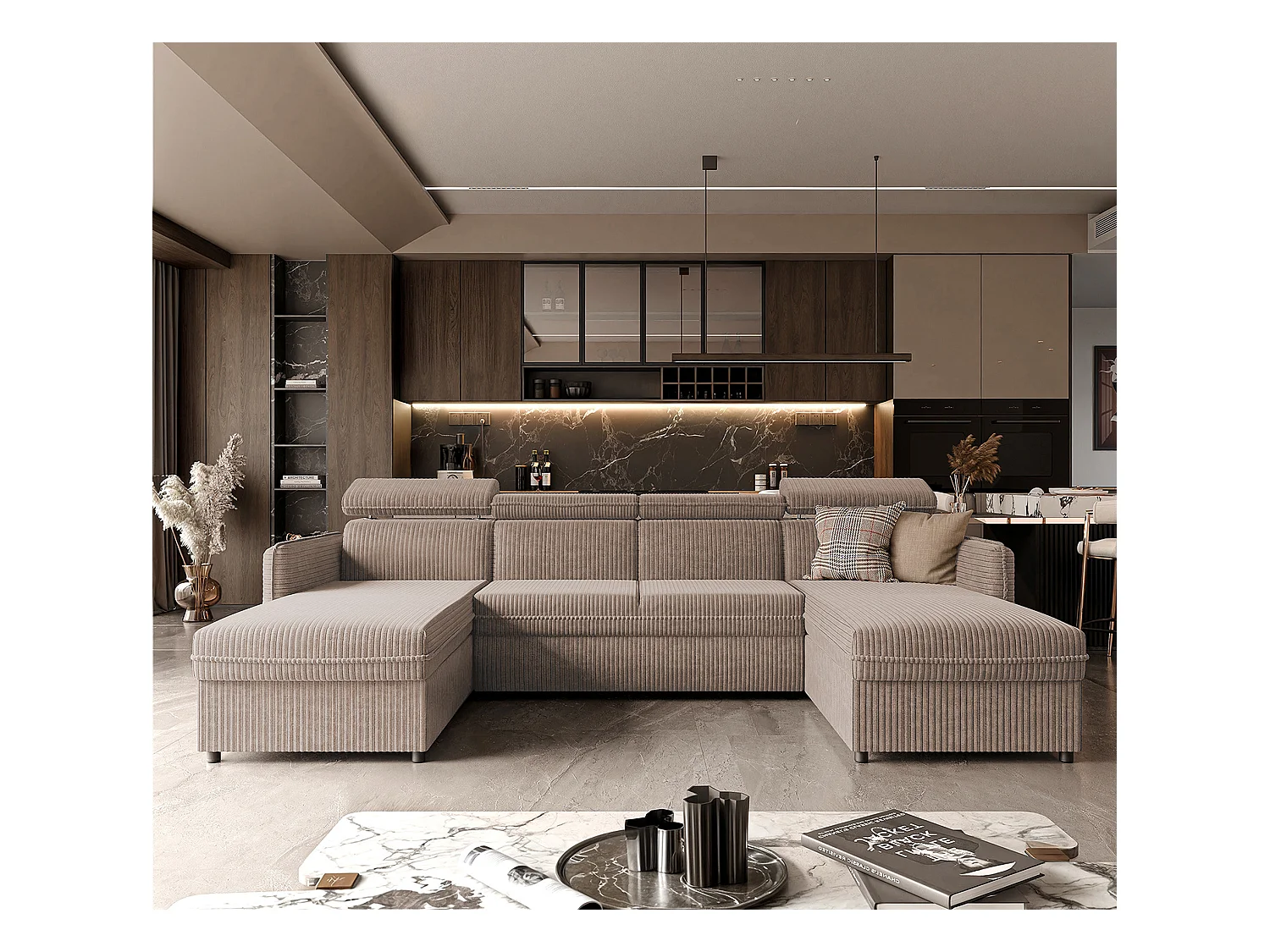 Canapé d'angle Beni U convertible en tissu Marron clair