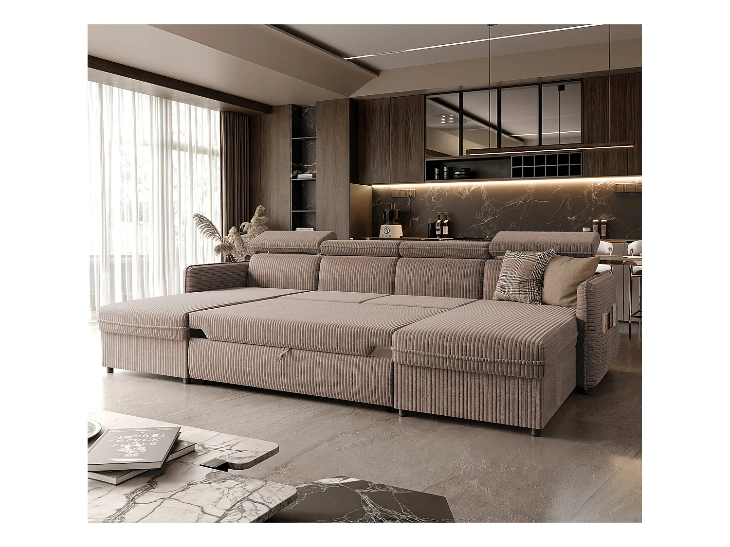 Canapé d'angle Beni U convertible en tissu Marron clair