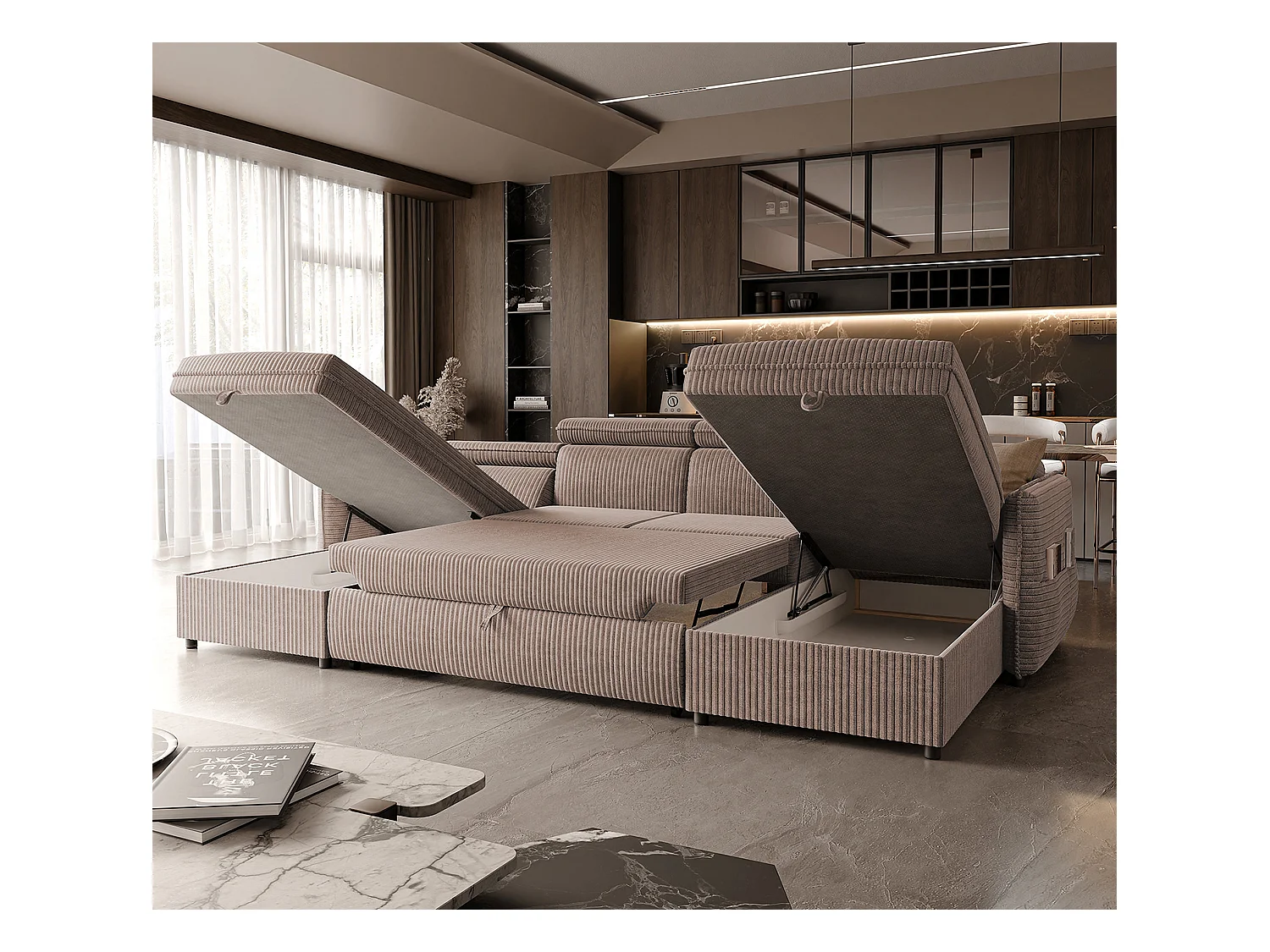 Canapé d'angle Beni U convertible en tissu Marron clair