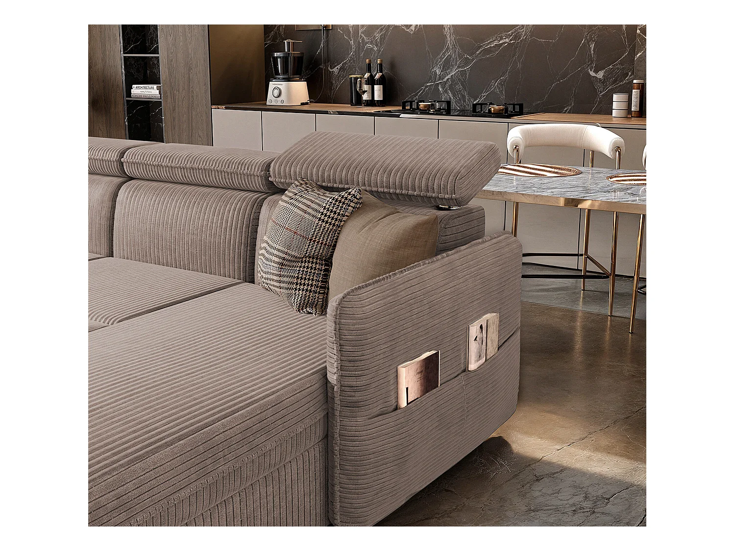 Canapé d'angle Beni U convertible en tissu Marron clair