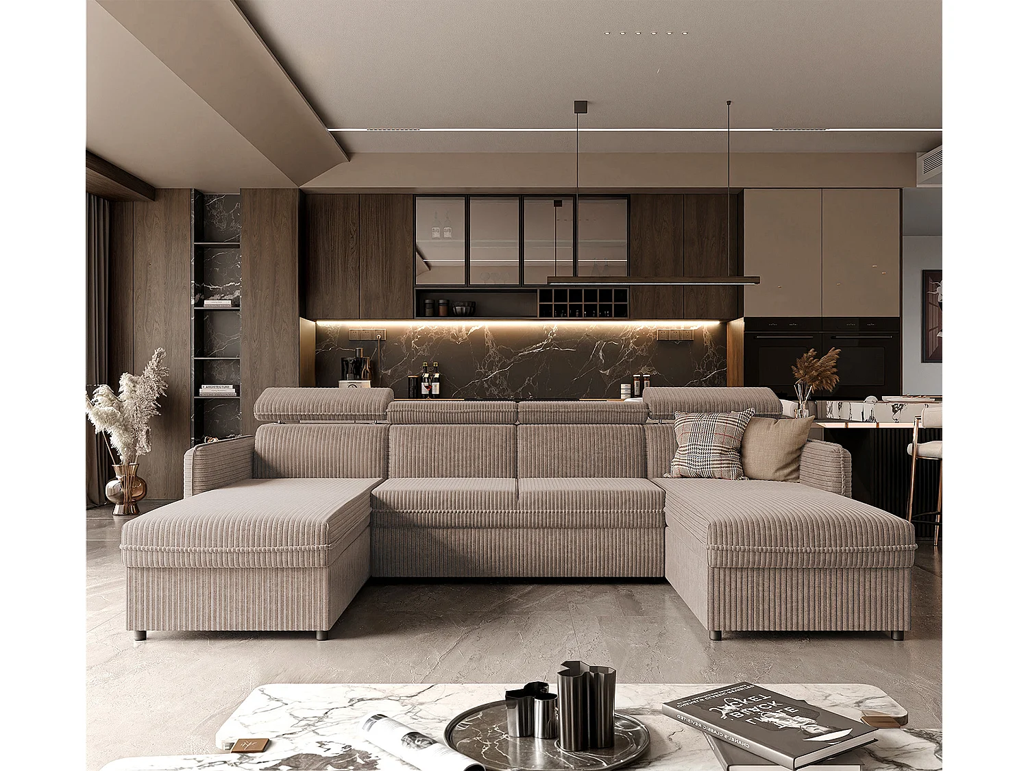 Canapé d'angle Beni U convertible en tissu Marron clair