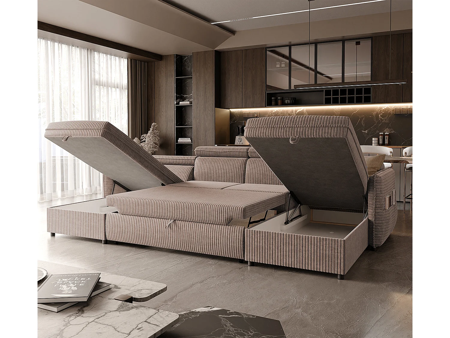 Canapé d'angle Beni U convertible en tissu Marron clair