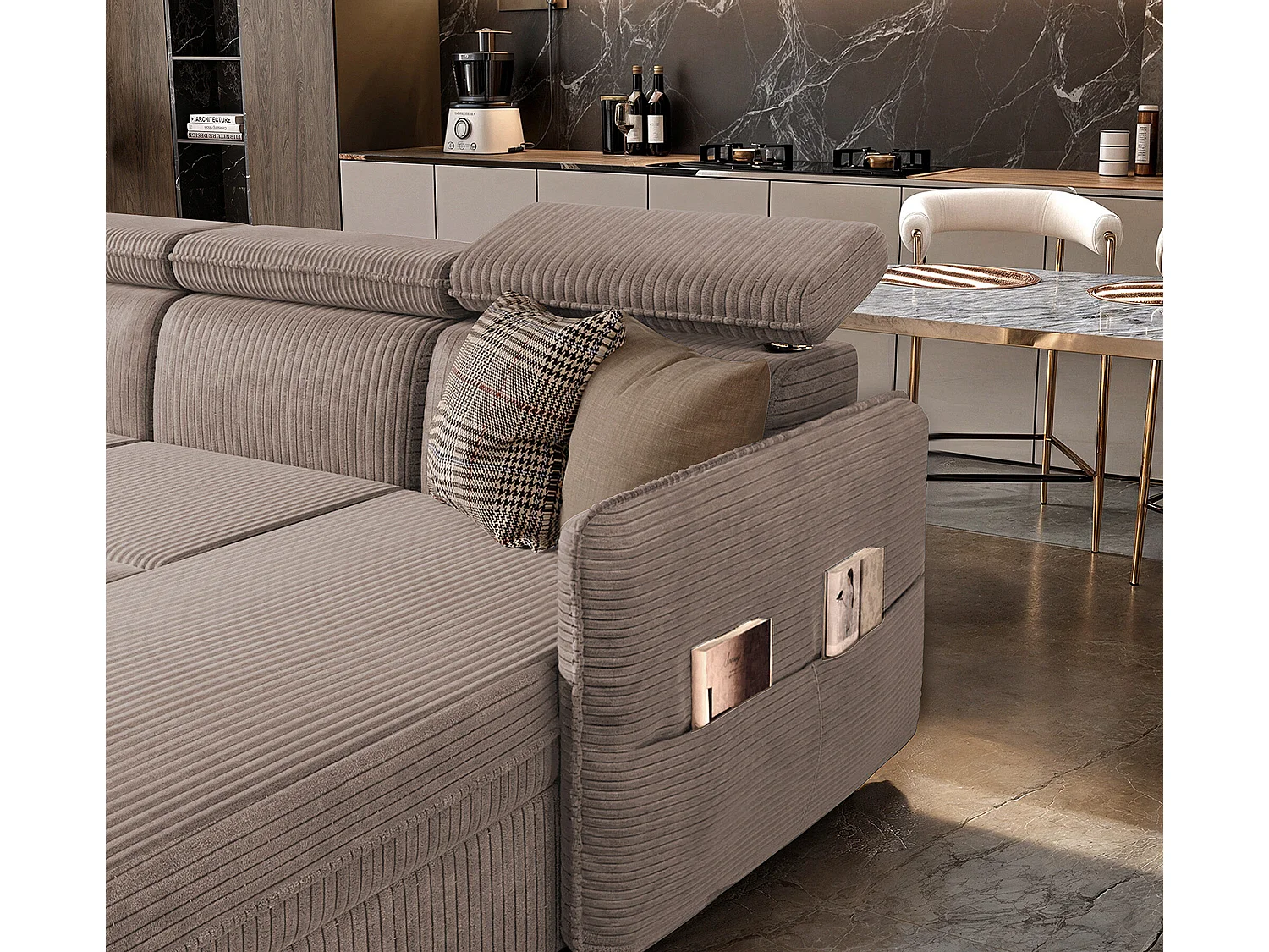 Canapé d'angle Beni U convertible en tissu Marron clair