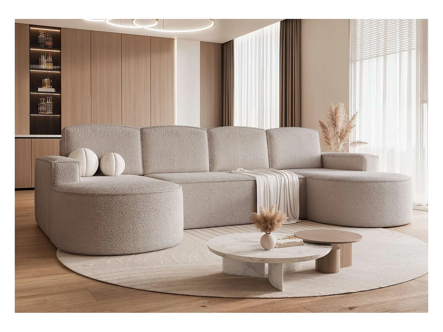 Canapé avec fonction couchage, Beige Bouclé
