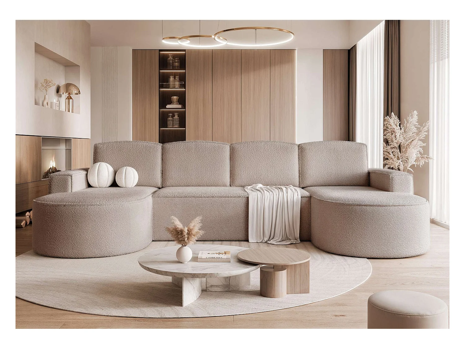 Canapé avec fonction couchage, Beige Bouclé