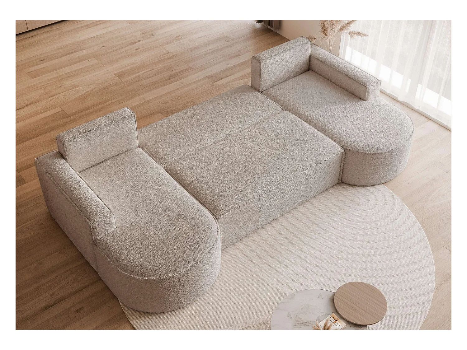 Canapé avec fonction couchage, Beige Bouclé