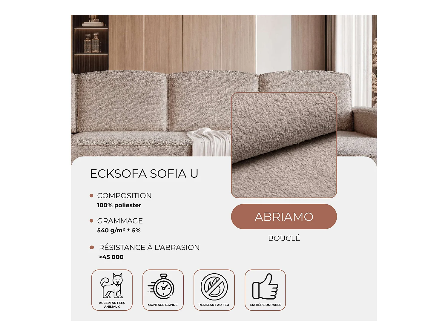 Canapé avec fonction couchage, Beige Bouclé