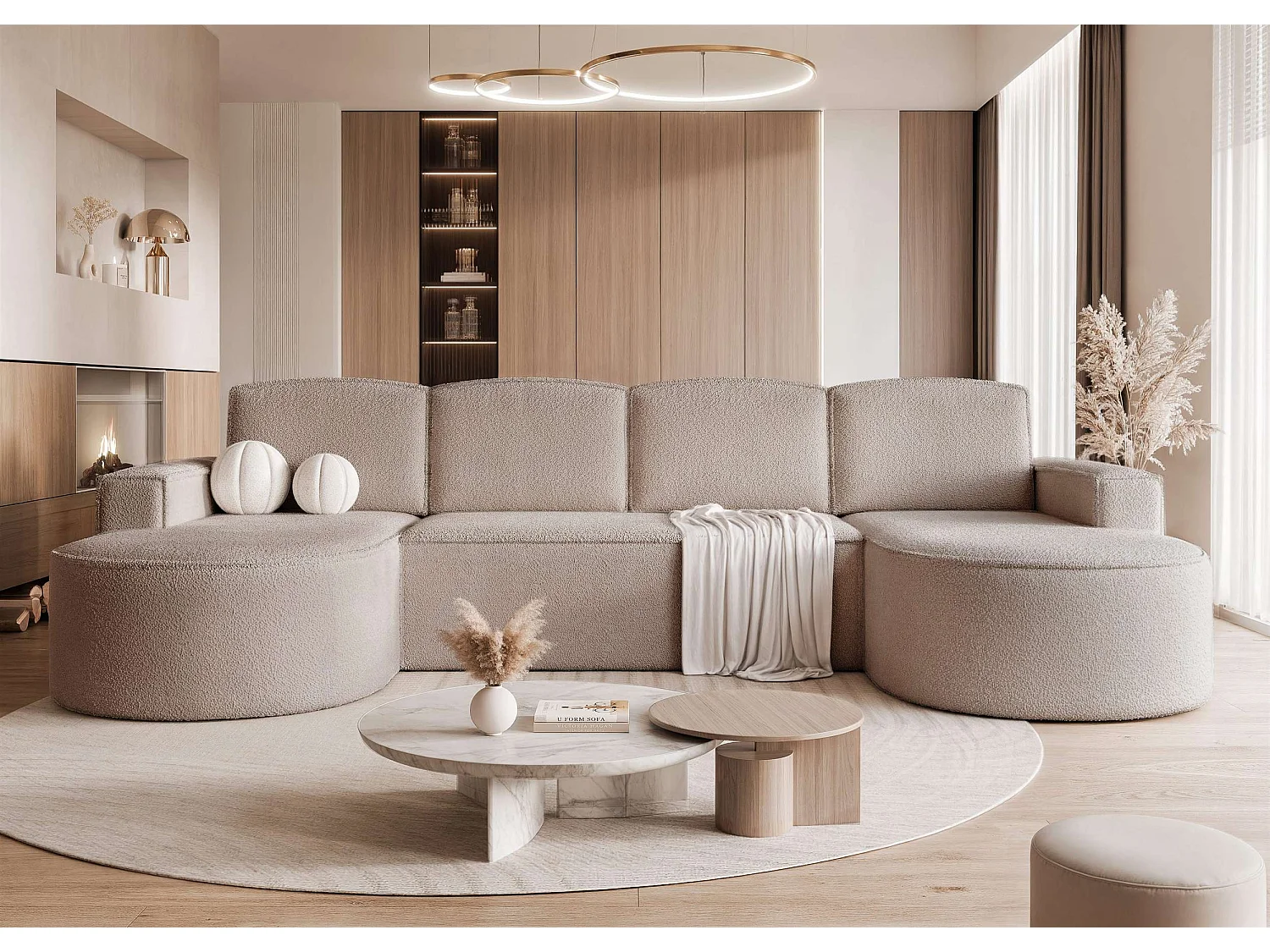 Canapé avec fonction couchage, Beige Bouclé