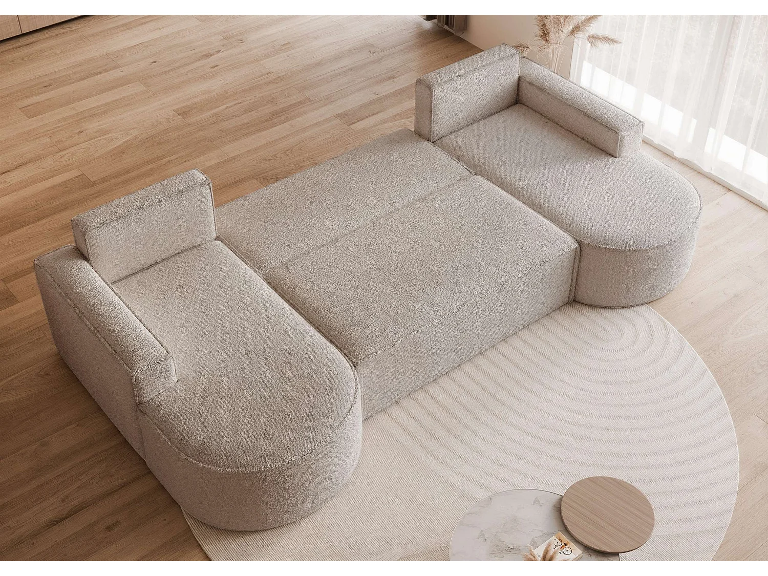 Canapé avec fonction couchage, Beige Bouclé