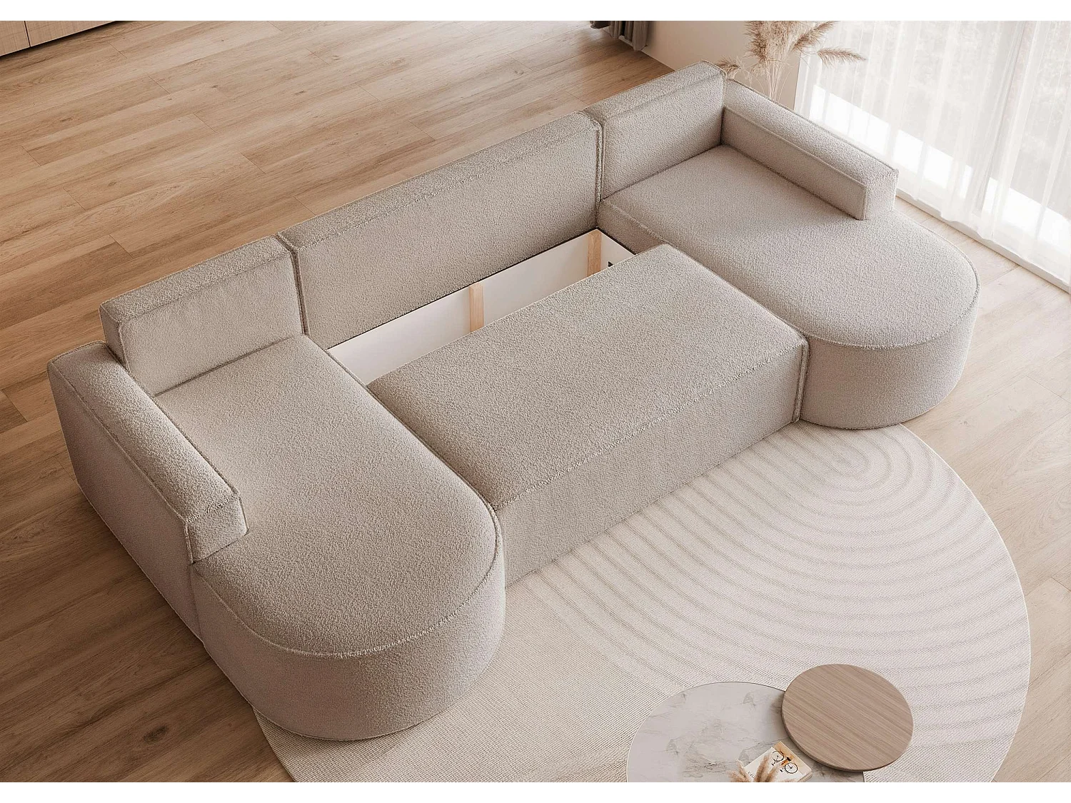 Canapé avec fonction couchage, Beige Bouclé