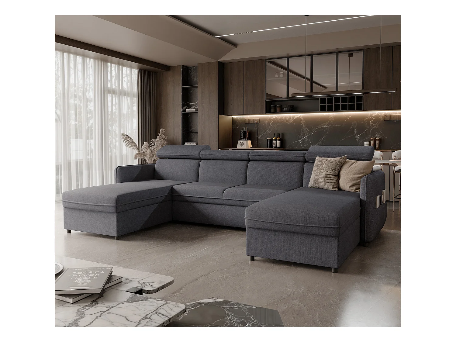 Canapé d'angle Beni U convertible en tissu Anthracite