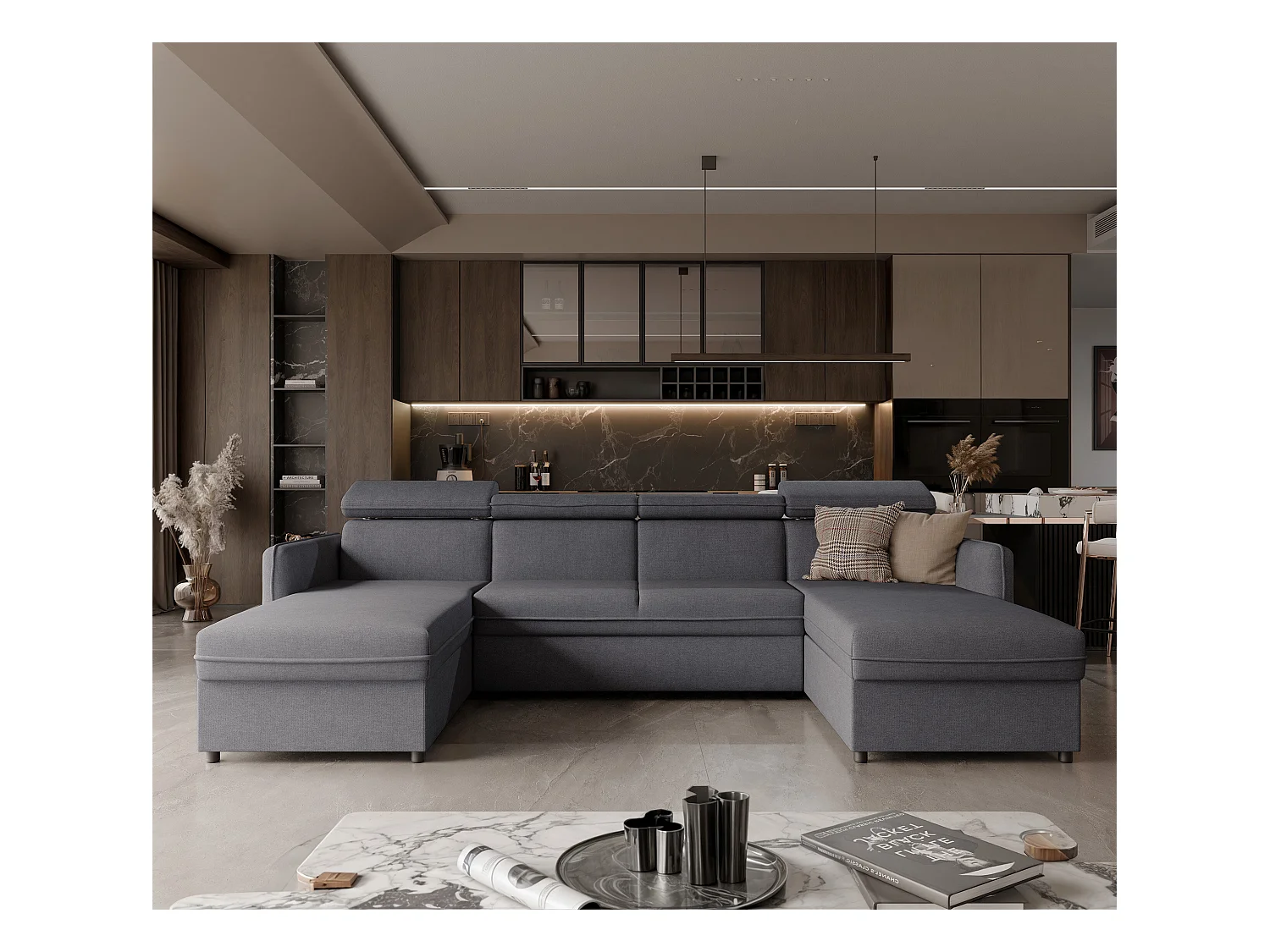 Canapé d'angle Beni U convertible en tissu Anthracite