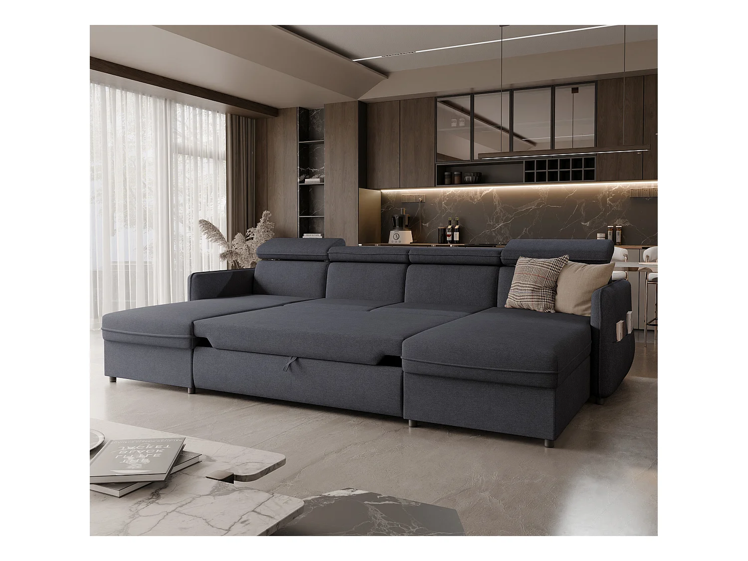 Canapé d'angle Beni U convertible en tissu Anthracite