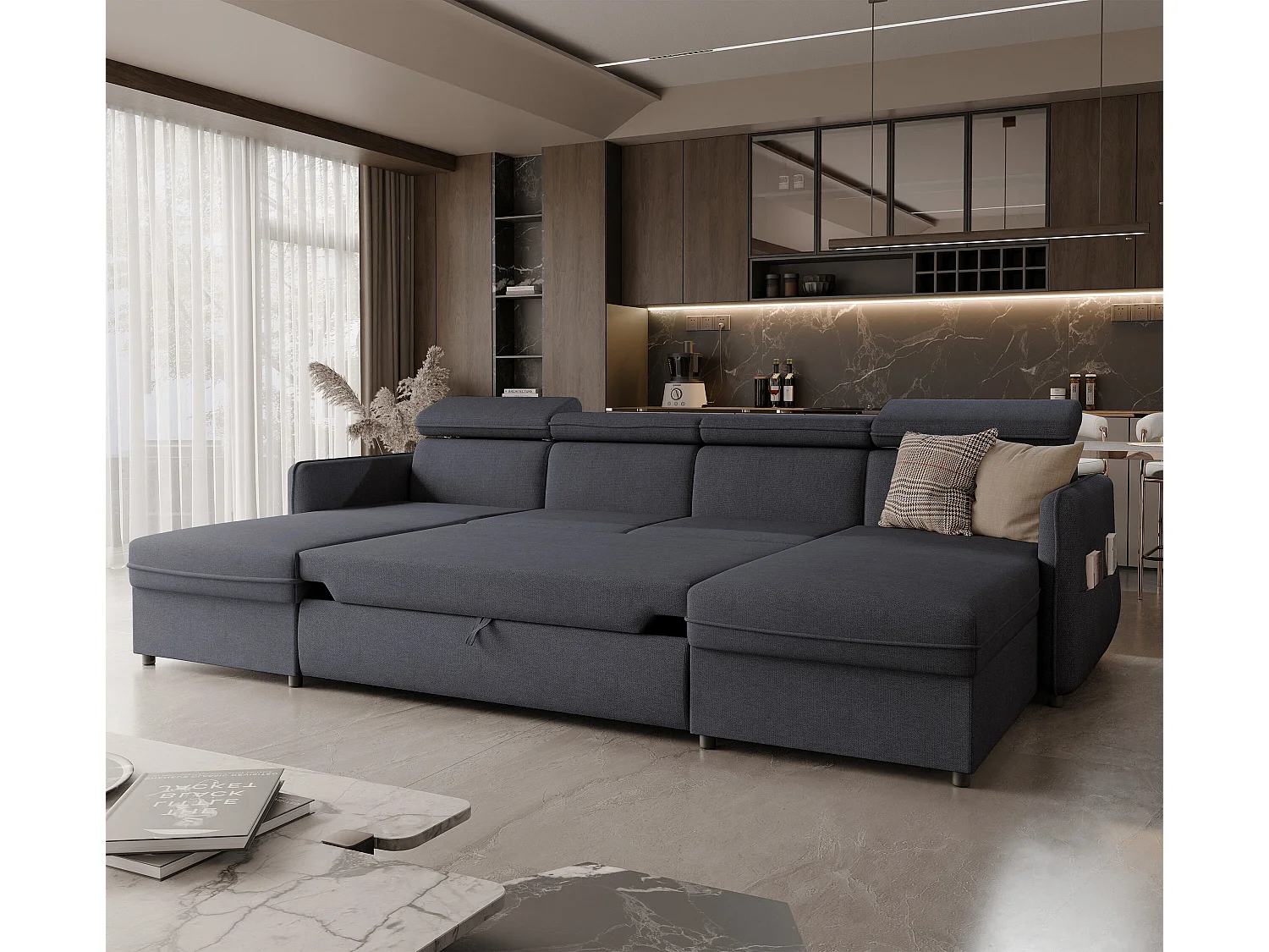 Canapé d'angle Beni U convertible en tissu Anthracite