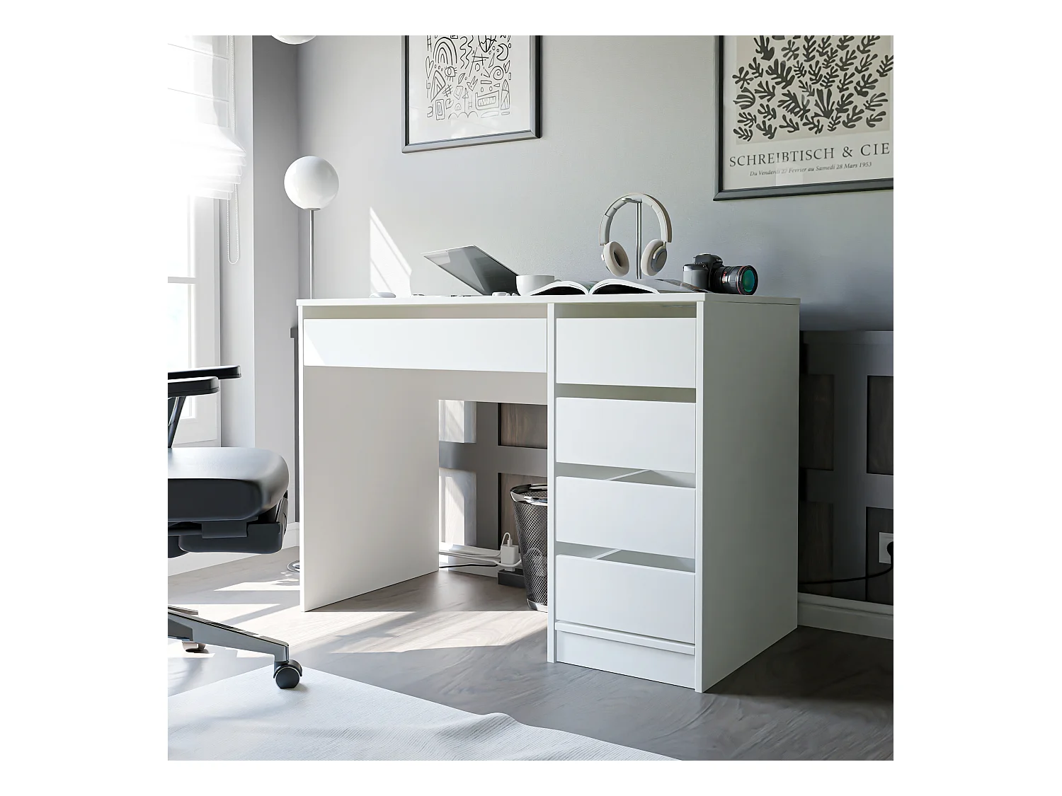Bureau avec rangements, blanc mat