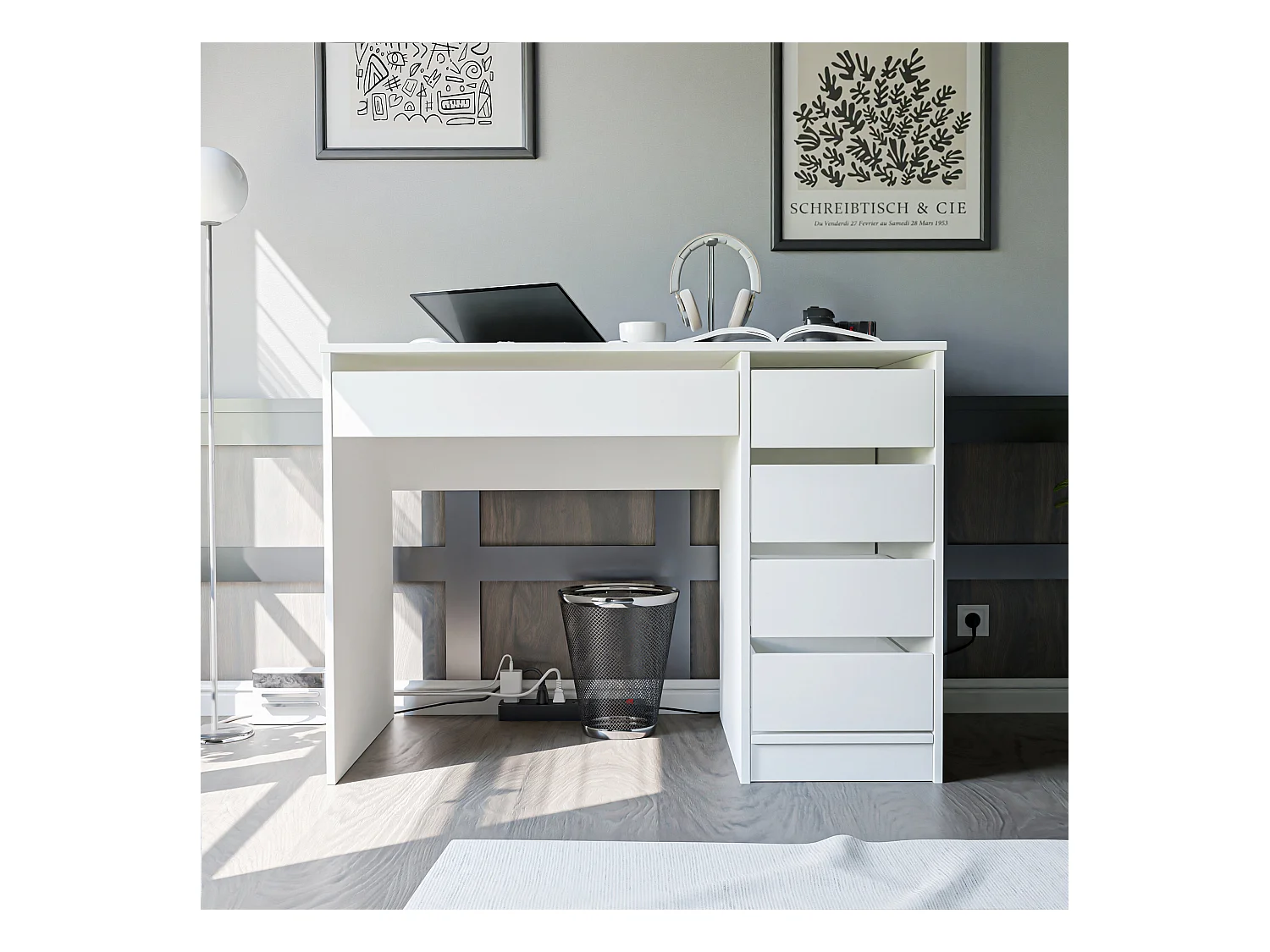 Bureau avec rangements, blanc mat