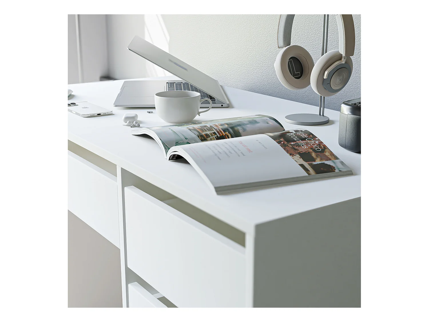 Bureau avec rangements, blanc mat