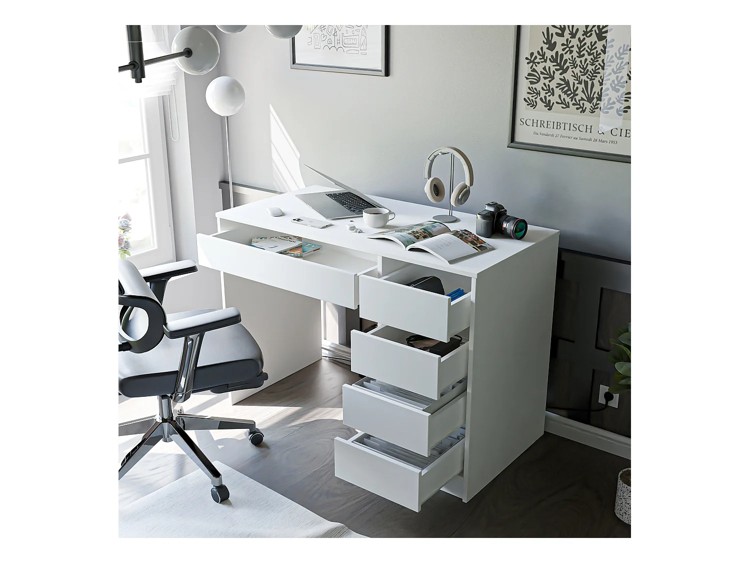 Bureau avec rangements, blanc mat