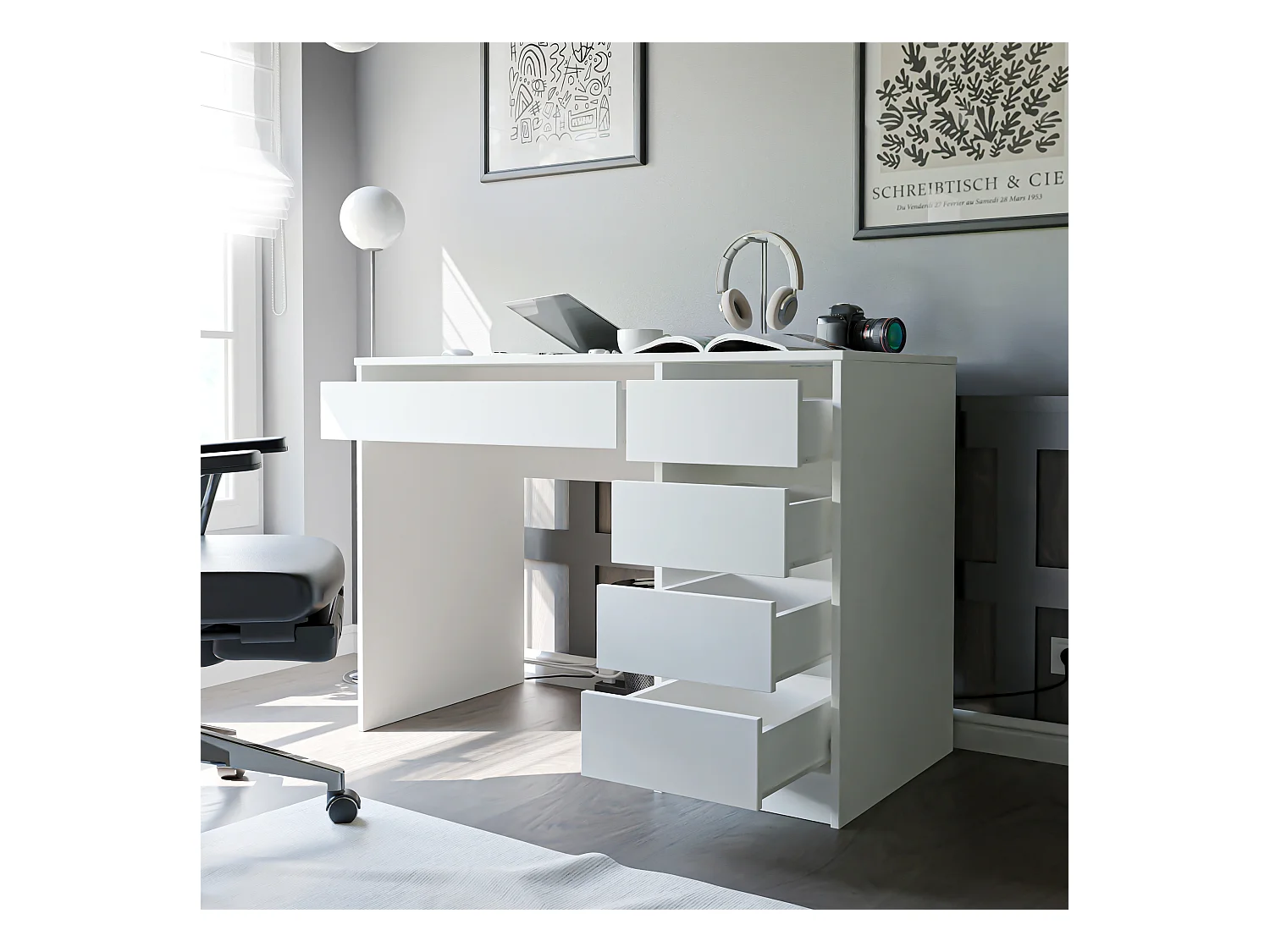 Bureau avec rangements, blanc mat