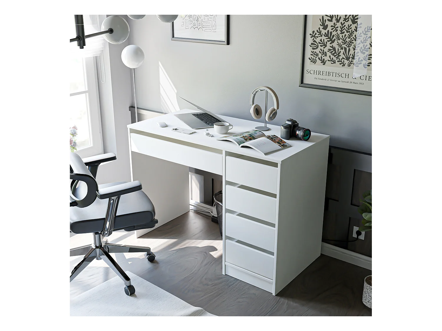 Bureau avec rangements, blanc mat
