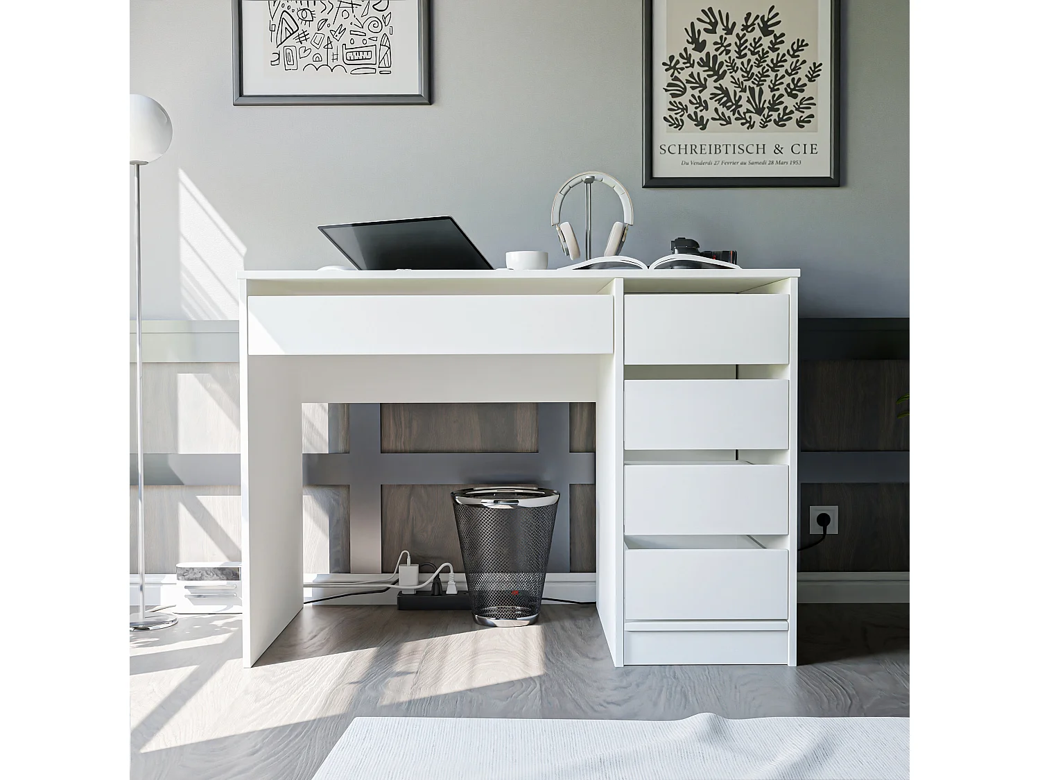 Bureau avec rangements, blanc mat