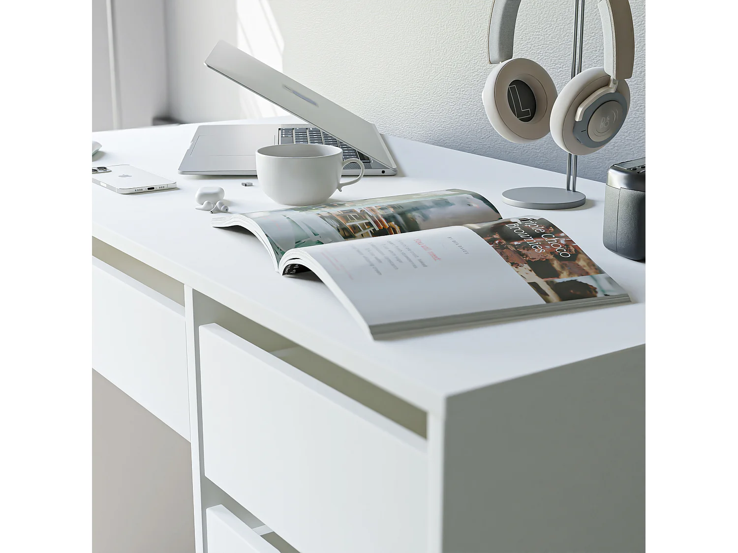 Bureau avec rangements, blanc mat