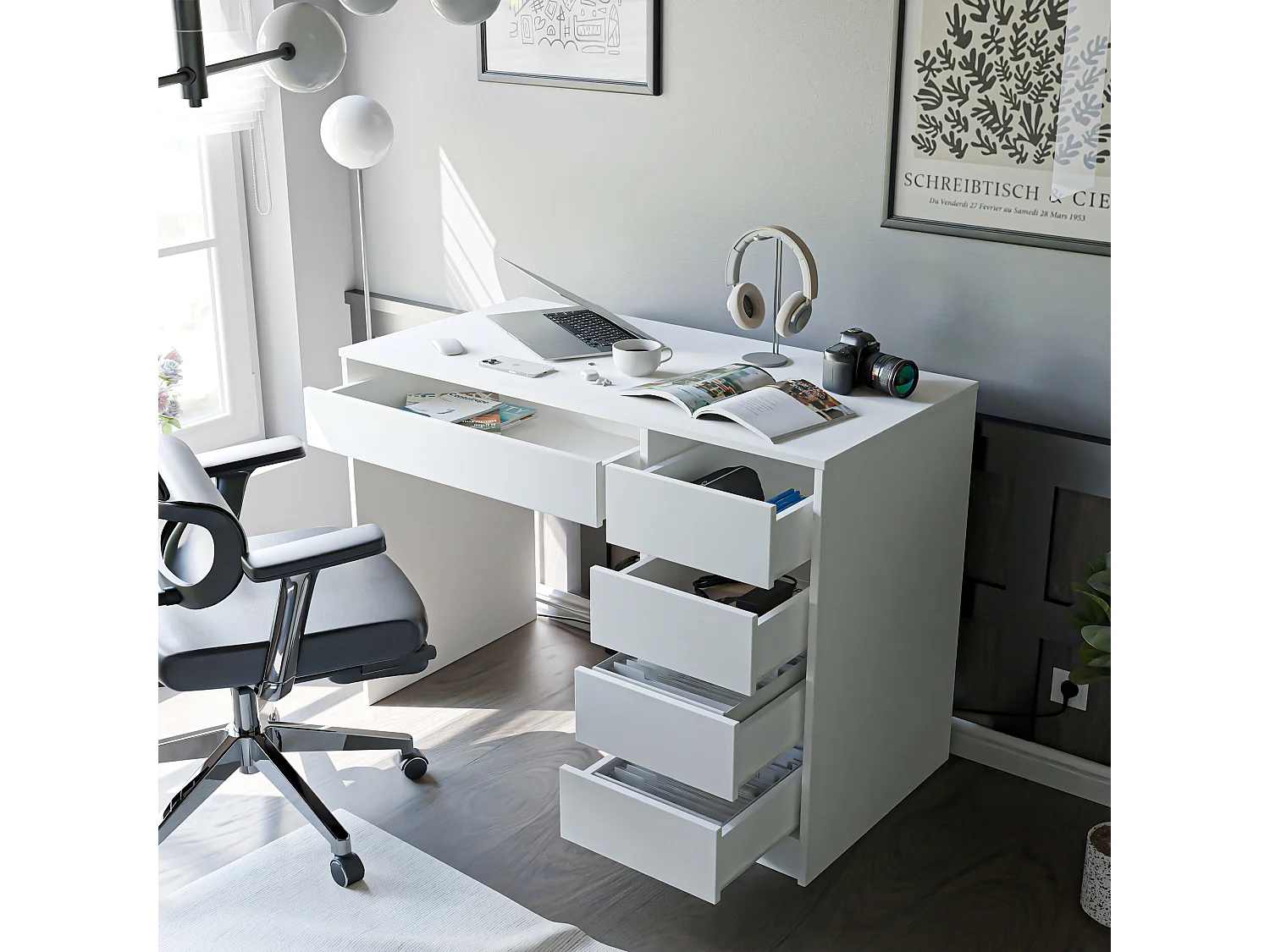 Bureau avec rangements, blanc mat