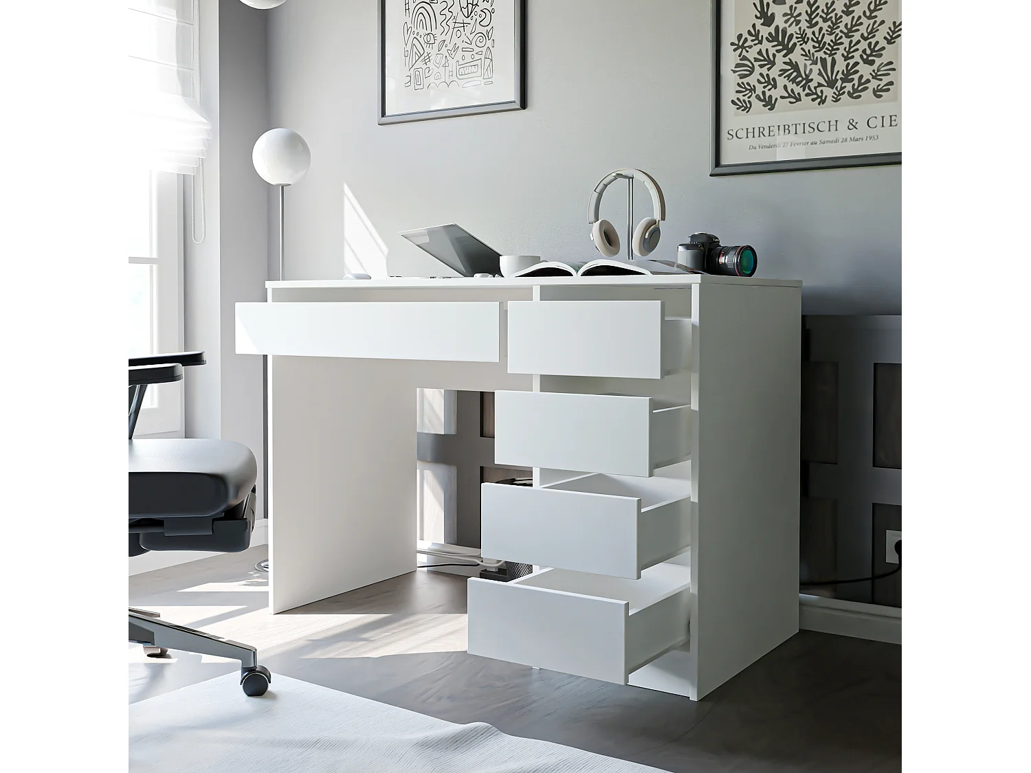Bureau avec rangements, blanc mat