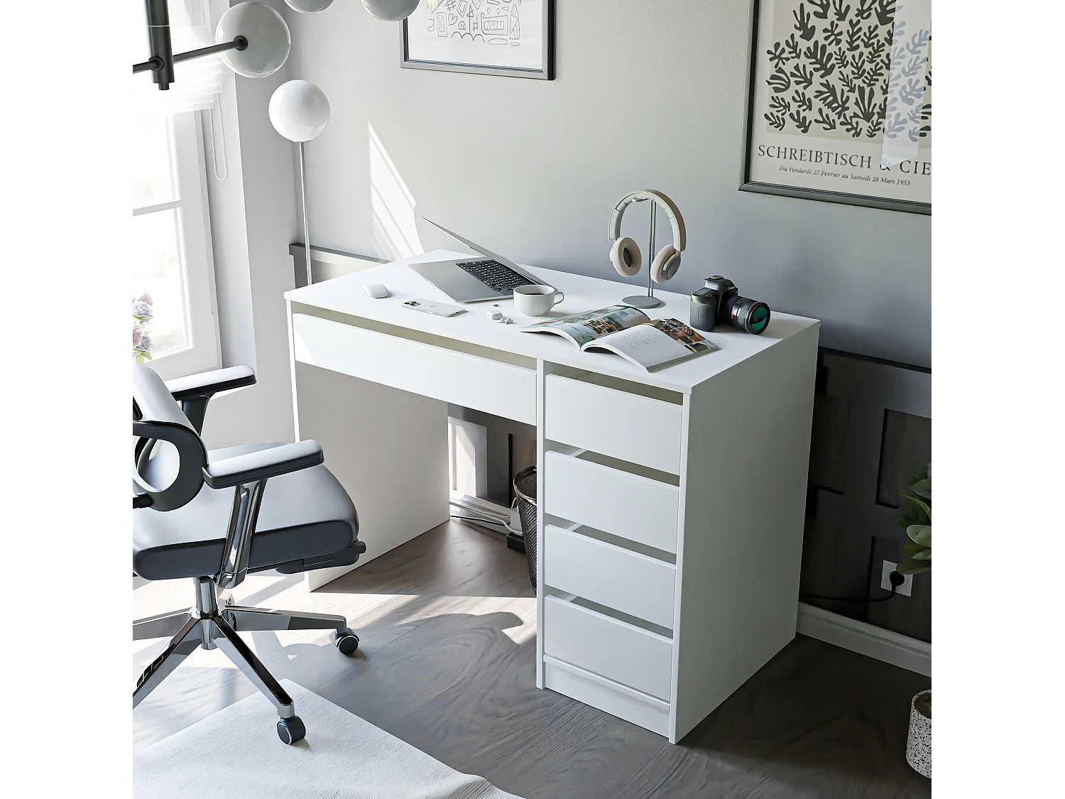 Bureau avec rangements, blanc mat
