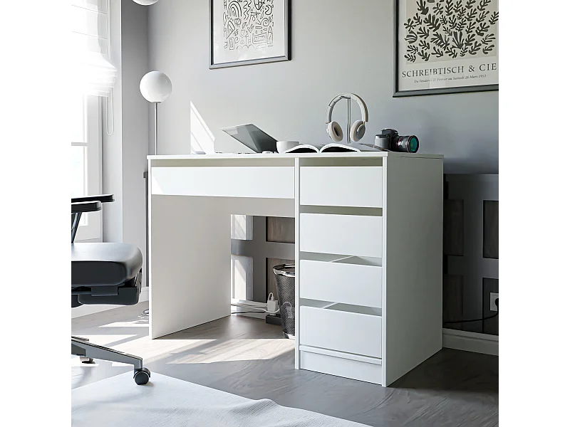 Bureau avec rangements, blanc mat