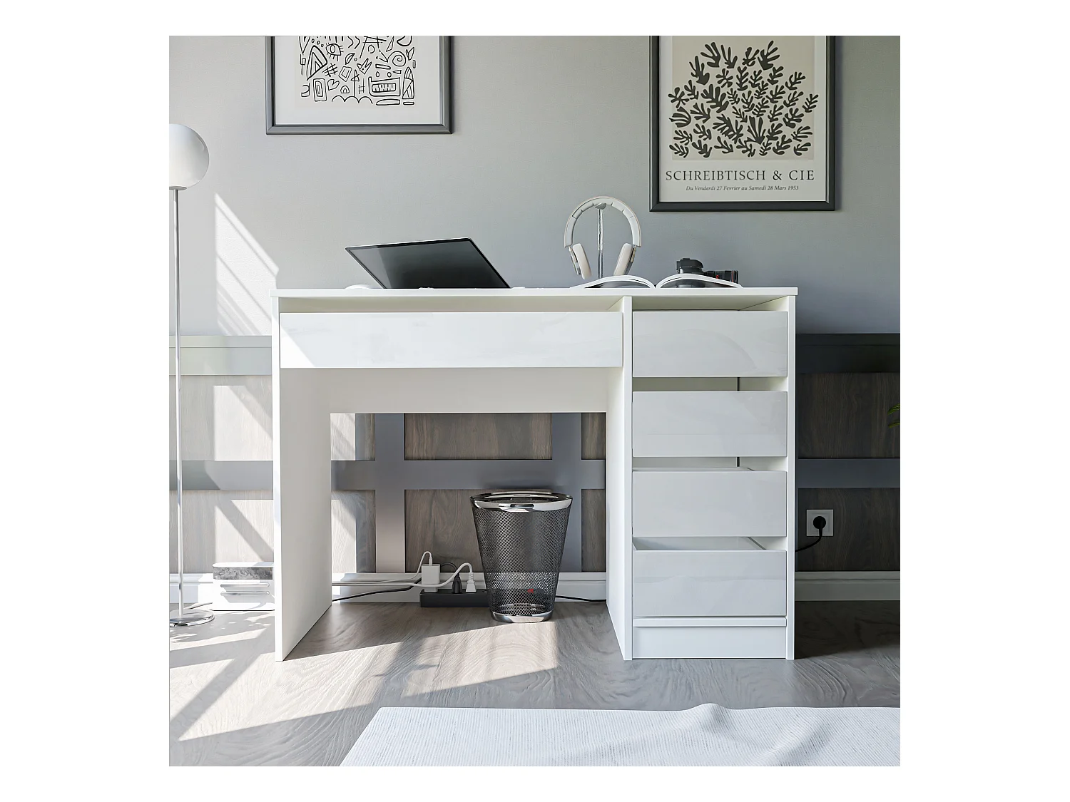 Bureau avec rangements, blanc brillant
