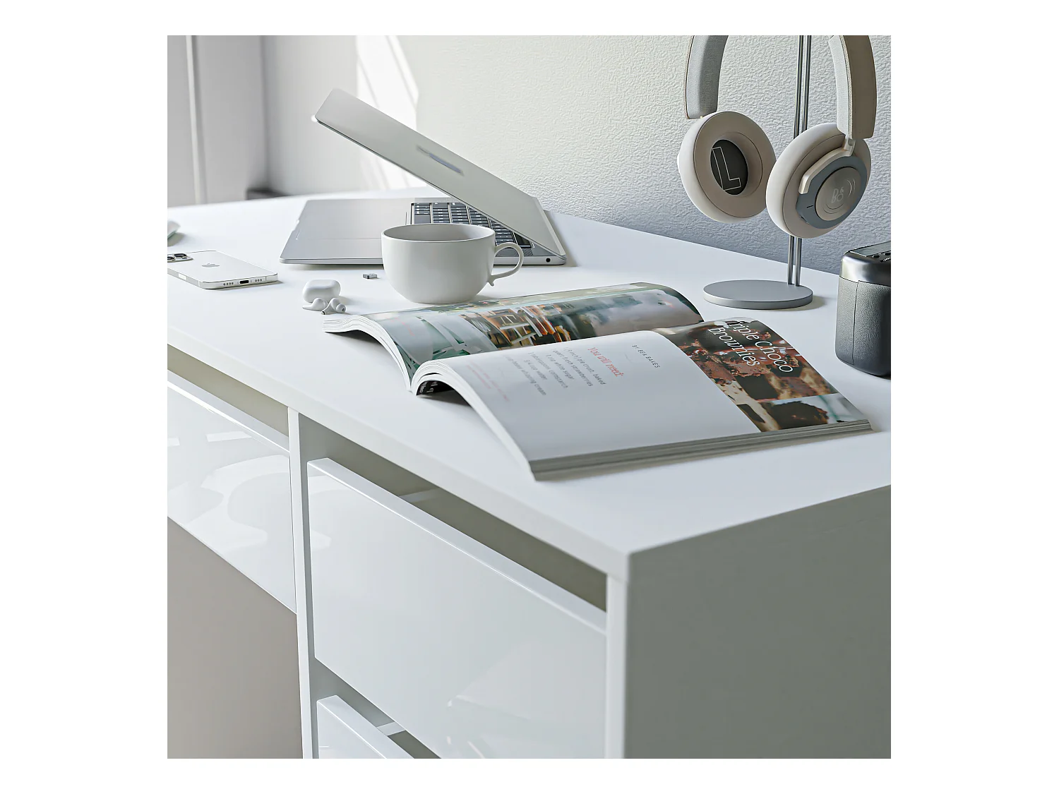 Bureau avec rangements, blanc brillant