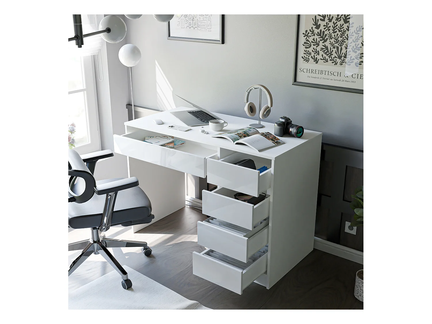 Bureau avec rangements, blanc brillant
