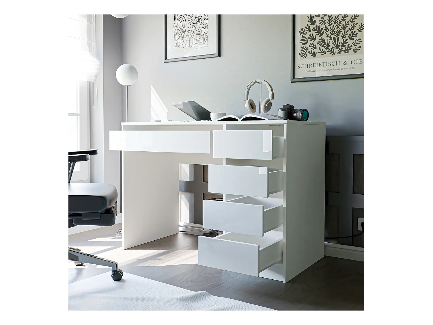 Bureau avec rangements, blanc brillant