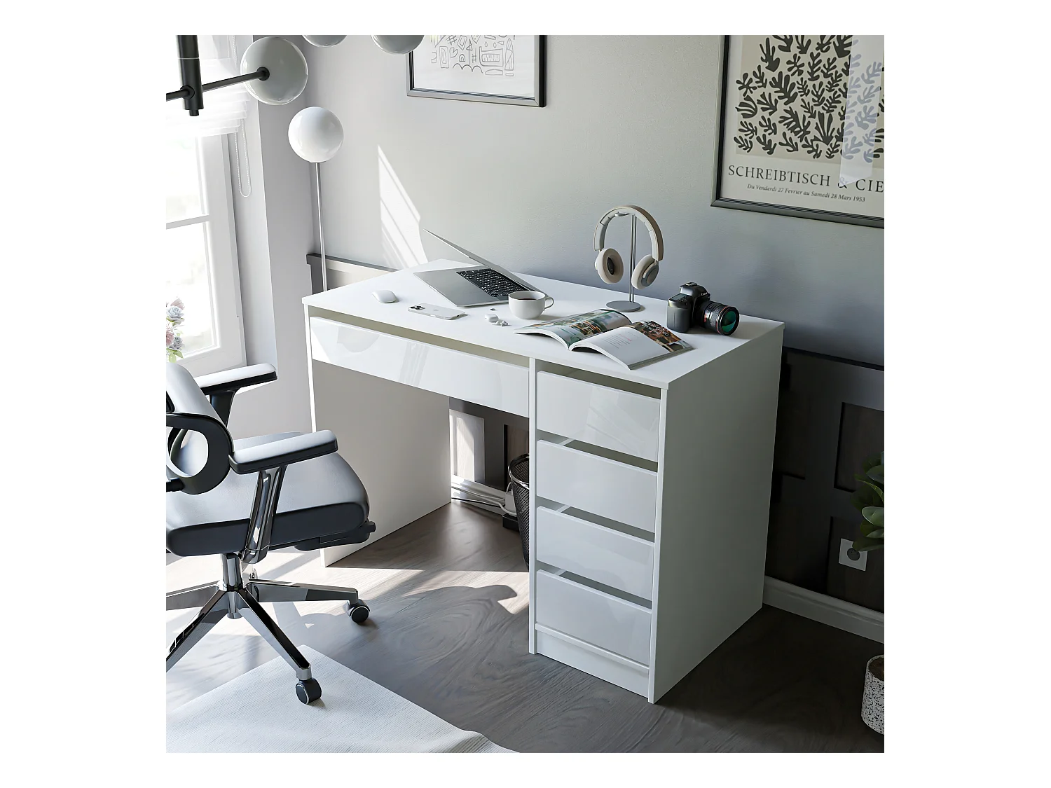 Bureau avec rangements, blanc brillant