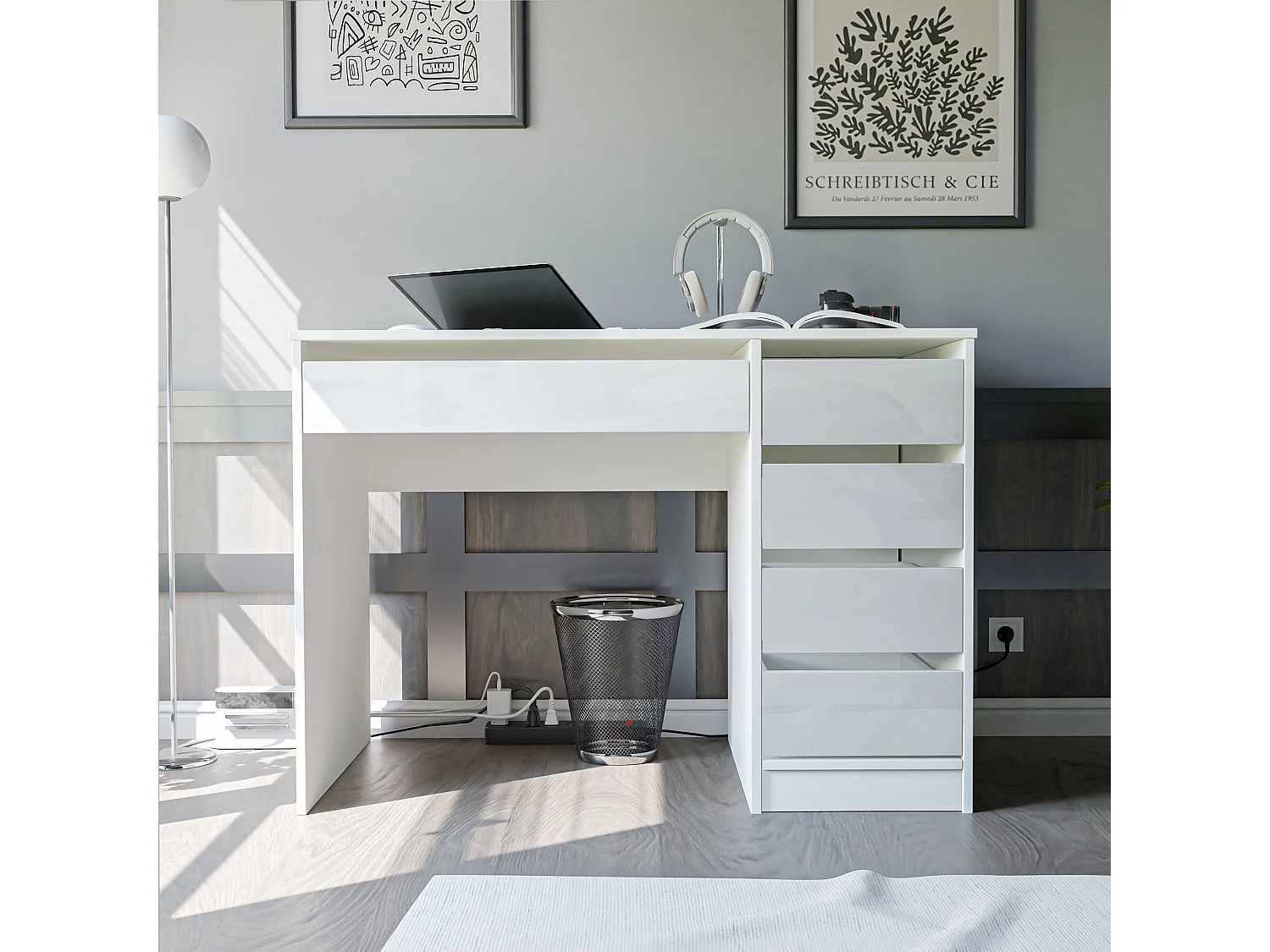 Bureau avec rangements, blanc brillant