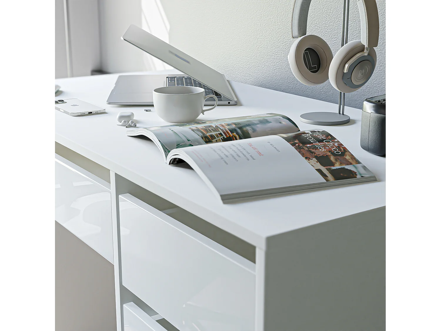 Bureau avec rangements, blanc brillant