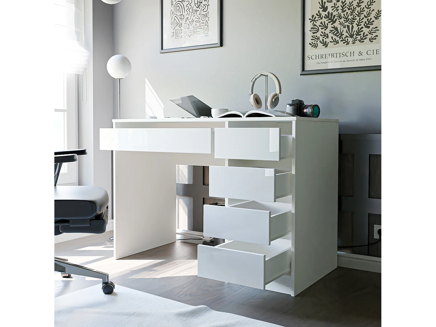 Bureau avec rangements, blanc brillant