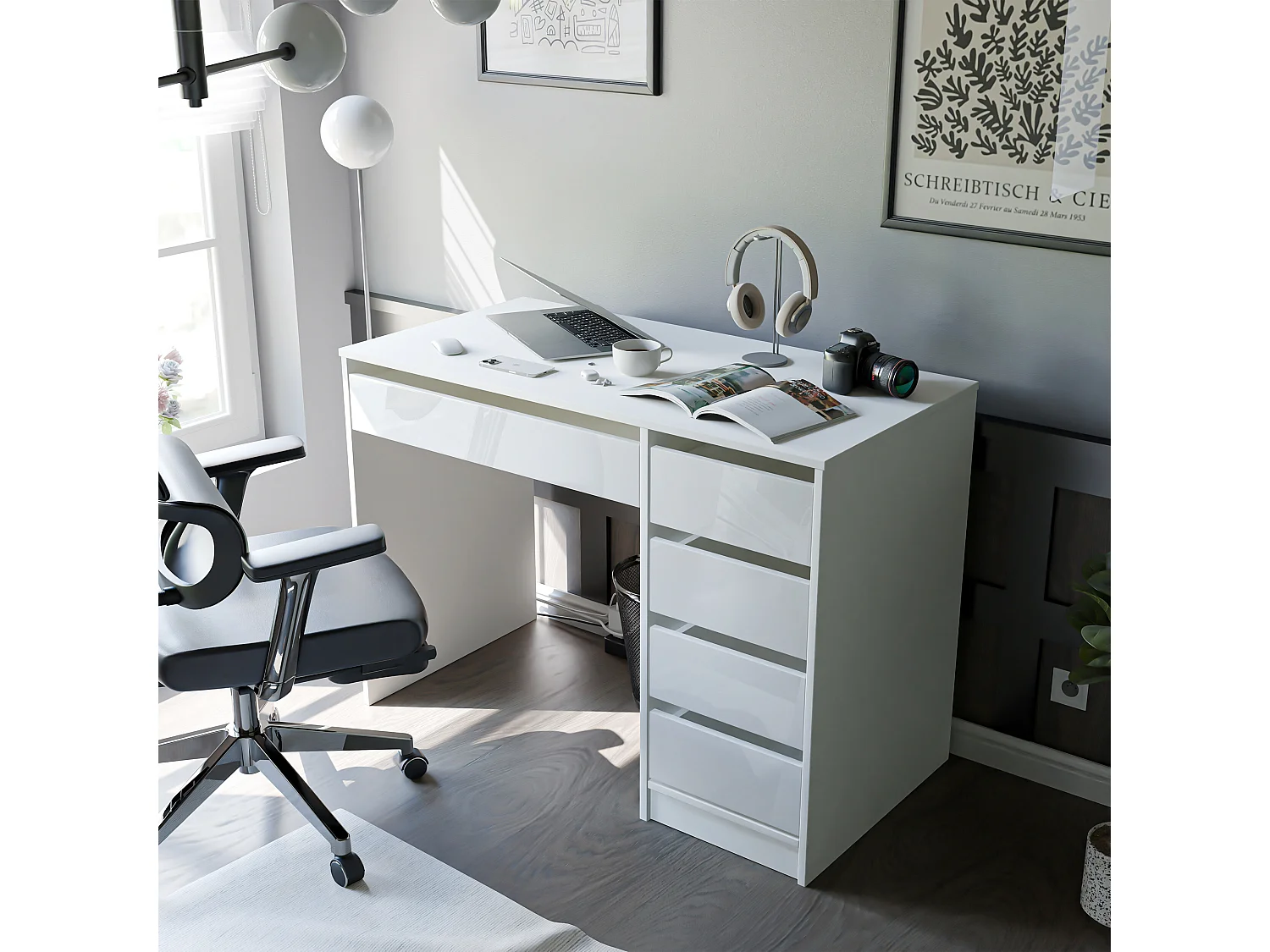 Bureau avec rangements, blanc brillant