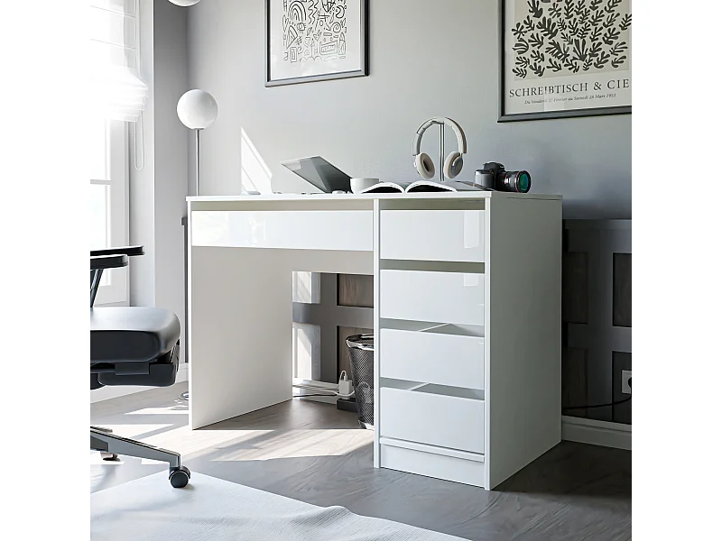 Bureau avec rangements, blanc brillant