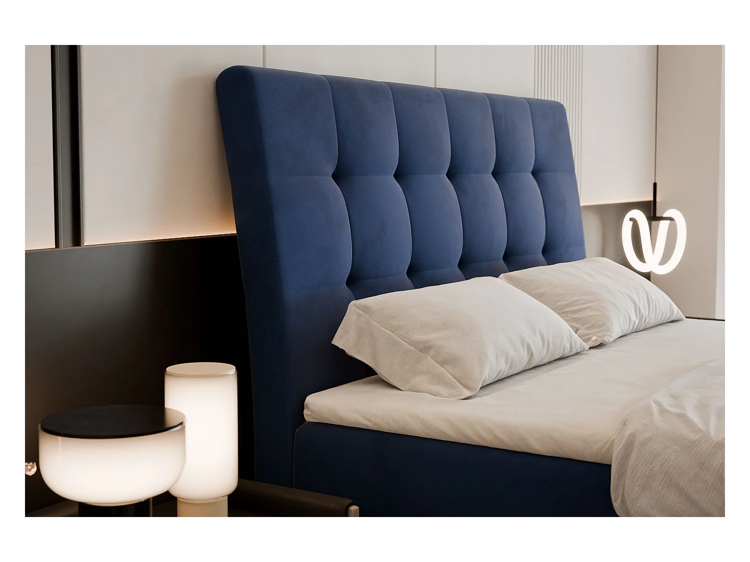 Lit continental rembourré avec matelas, bleu - 160x200