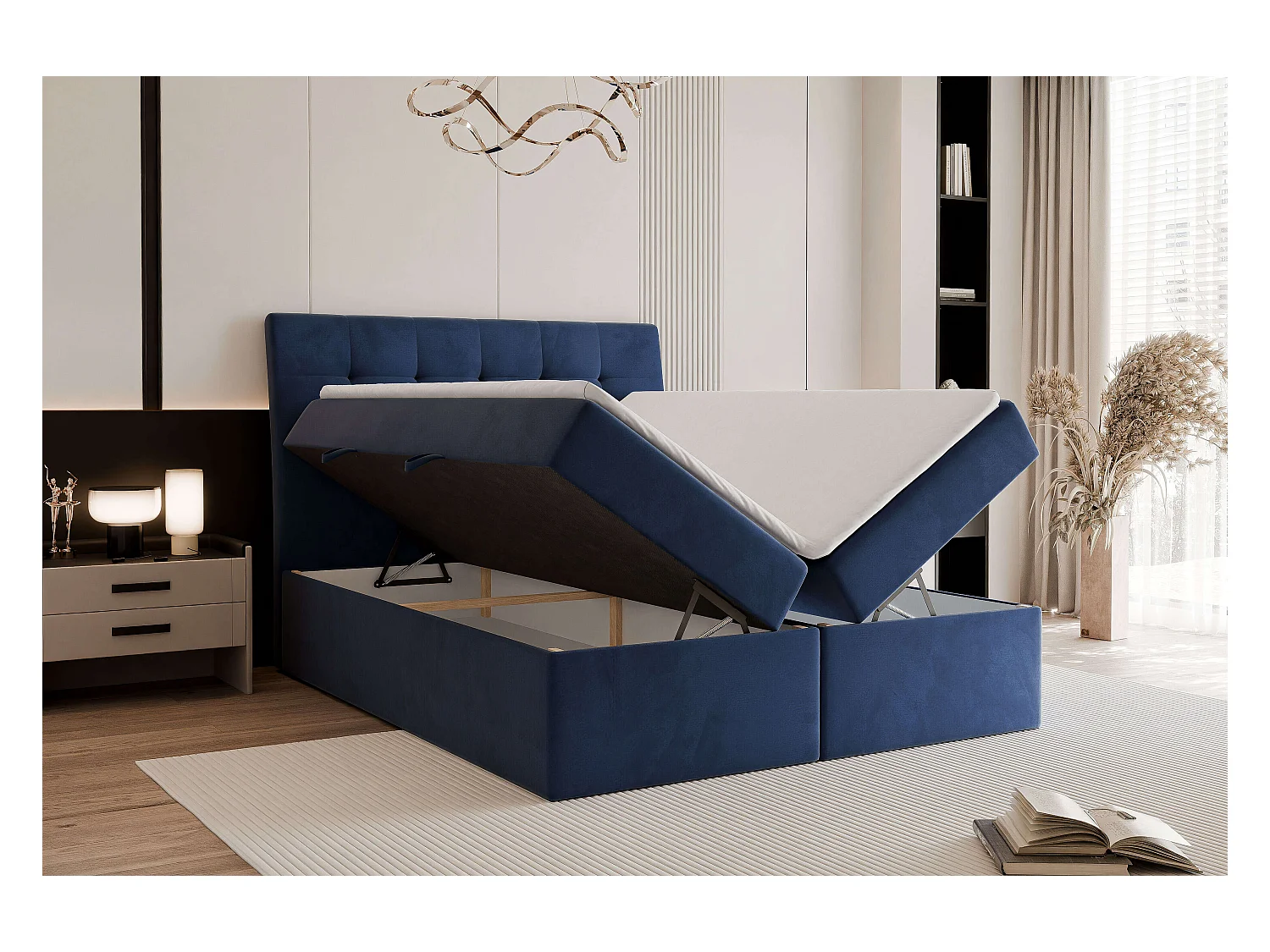 Lit continental rembourré avec matelas, bleu - 160x200