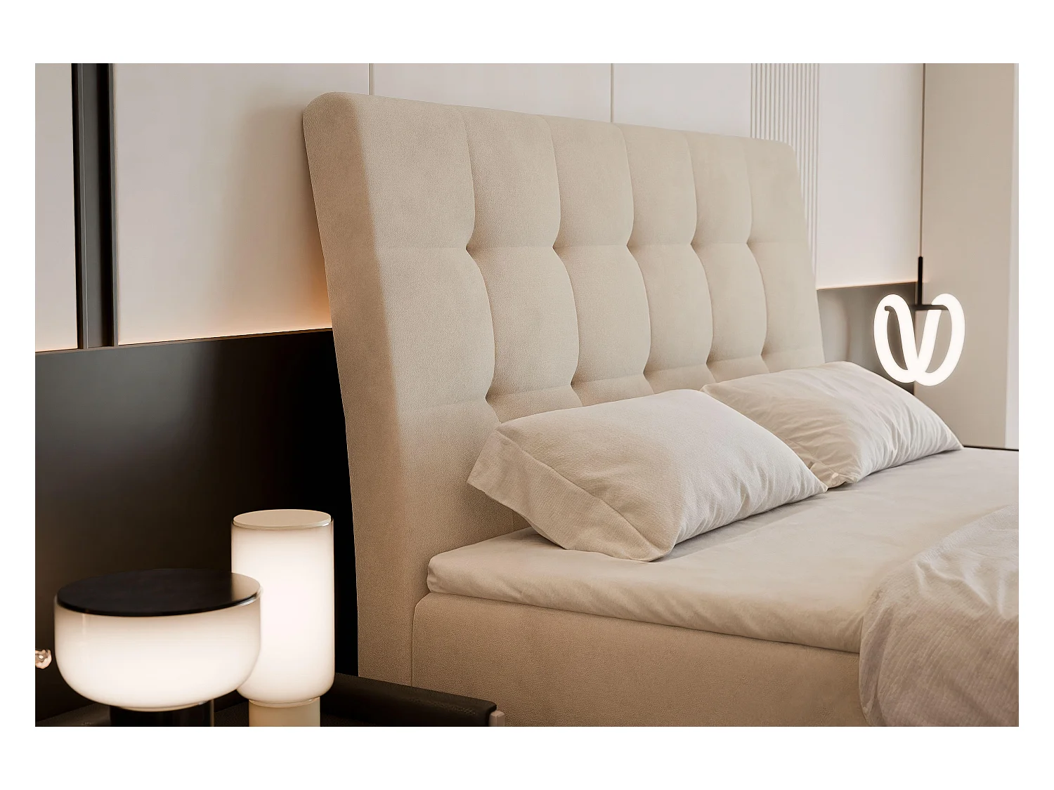 Lit continental rembourré avec surmatelas, beige - 200x200 - BAILEY