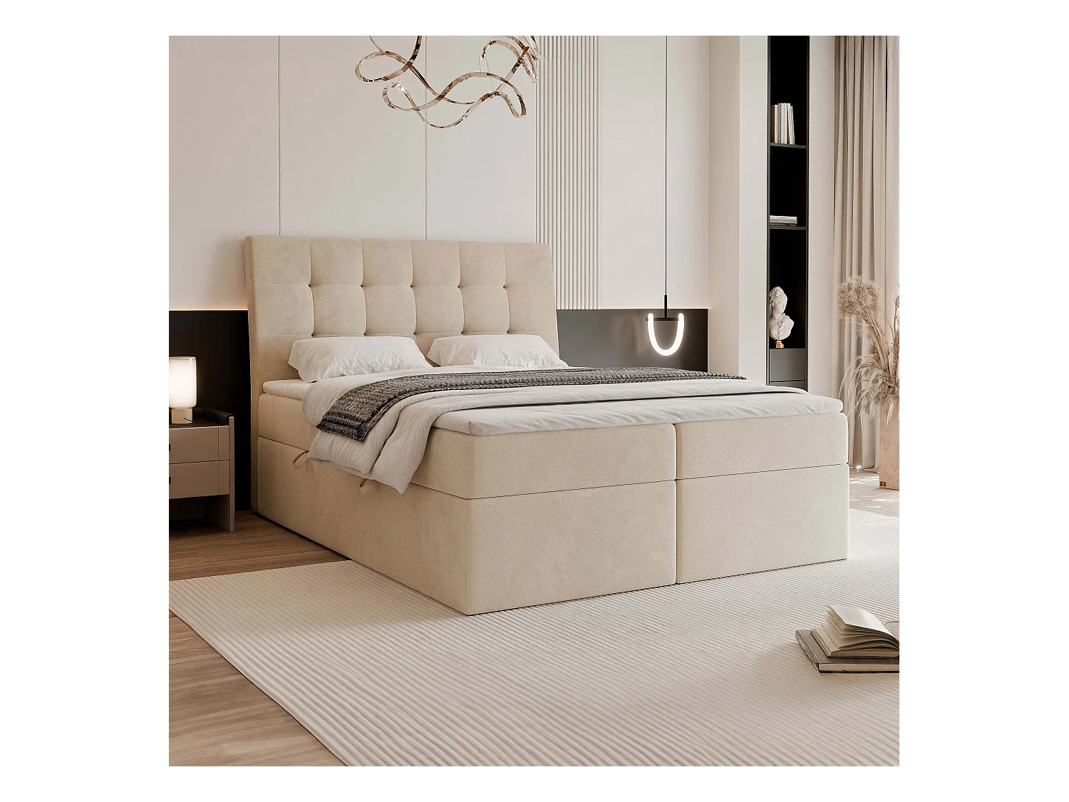 Lit continental rembourré avec matelas, crème - 180x200