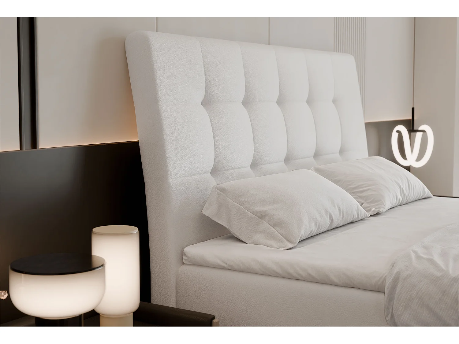 Lit continental rembourré avec surmatelas, blanc  - 200x200 - BAILEY