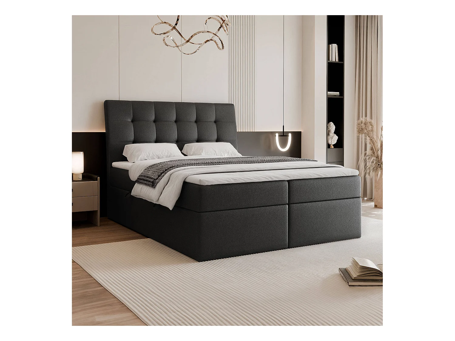 Lit continental rembourré avec matelas, noir  - 160x200