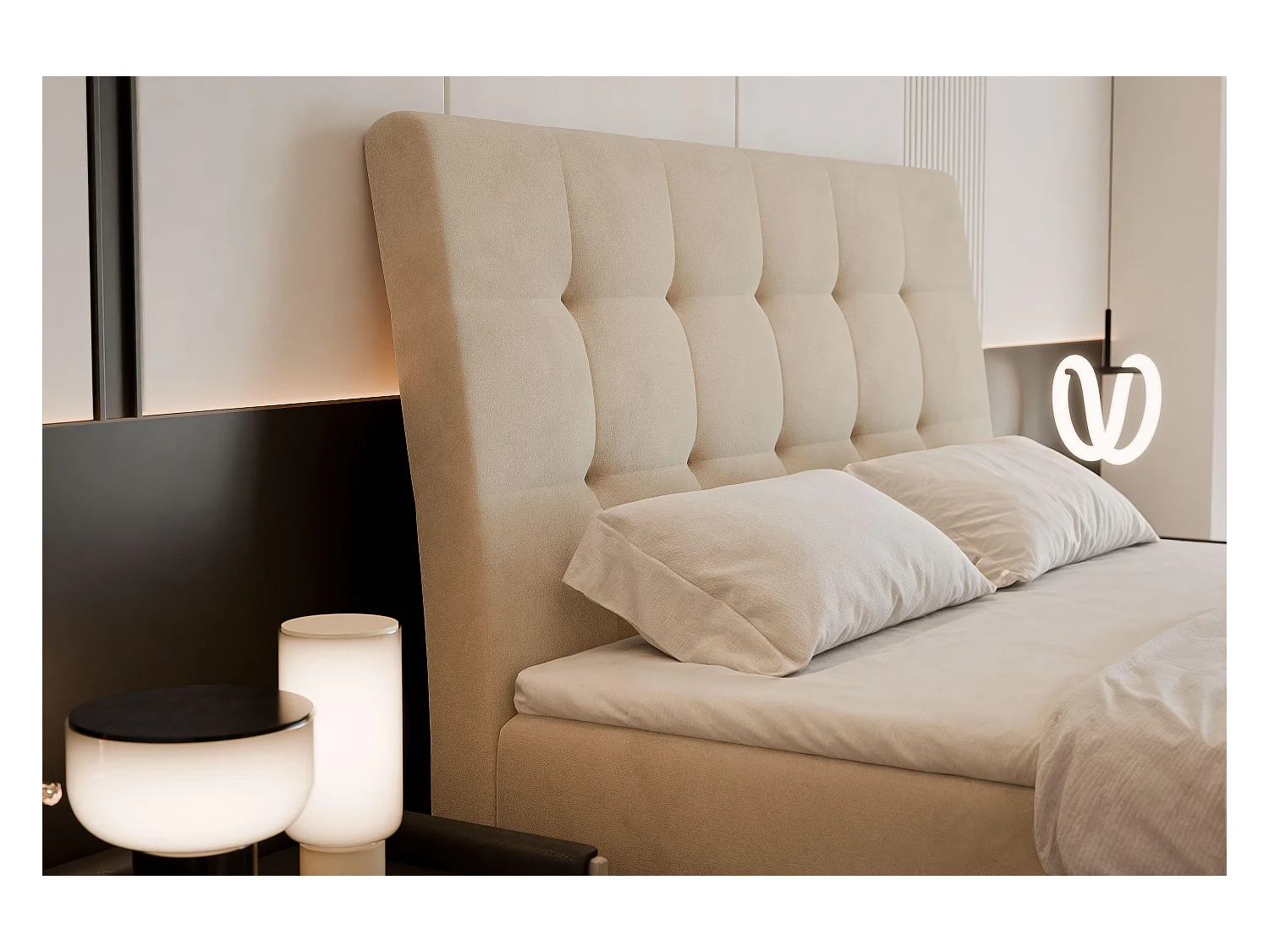 Lit continental rembourré avec matelas, crème - 140x200